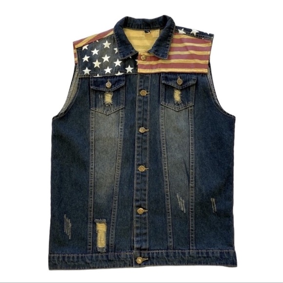 Camo Coll Classic Fashion American‎ Flag Vest Denim Distressed Tang Ku L - Picture 1 of 13